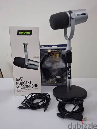 Shure MV7 Podcast Microphone With Stand & Sony Monitoring Headsets