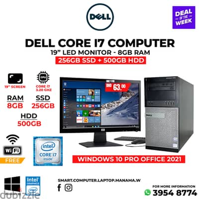 Dell Core i7 Computer Set 8GB Ram 256GB SSD + 500GB HDD 19" HD