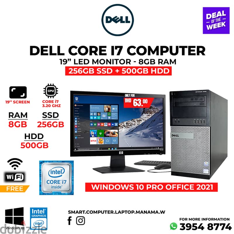 Dell Core i7 Computer Set 8GB Ram 256GB SSD + 500GB HDD 19" HD 0