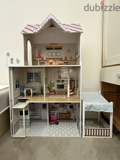 DOLL HOUSE WITH WOODEN FURNITURE AND ALL ACCESSORIES .