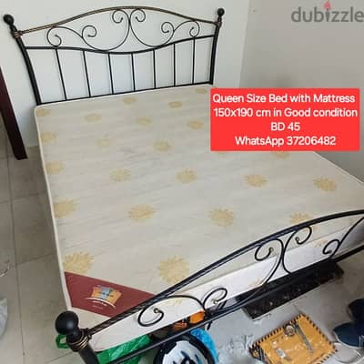 Queen size metal bed with Mattress and other items for sale