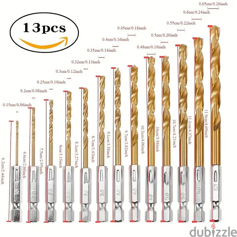 13pcs Titanium Coated HSS Drill Bit Set, Quick Change 1/16"-1/4", Hex 5