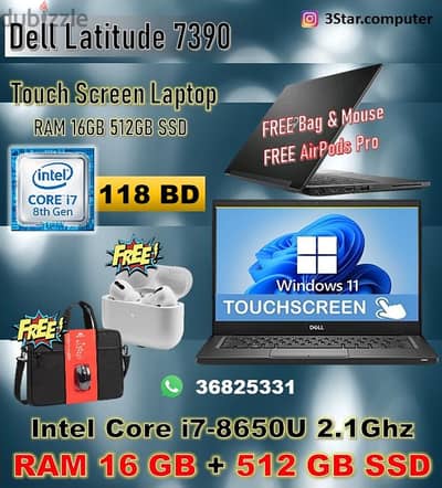 Dell Touch Laptop Core I7 RAM 16GB SSD 512GB M. 2 ( 8th Gen ) FREE Bag