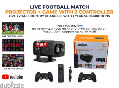 Projector + 4K Game with 2 Controller Android Wifi Live Football Match