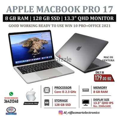 MACBOOK Pro-17 Core i5 13.3" Quad HD IPS Display 8GB RAM (FREE AirPo)