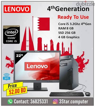 Lenovo Core i5 4th Gen Computer Set 22"FHD Monitor RAM 8GB SSD 256GB