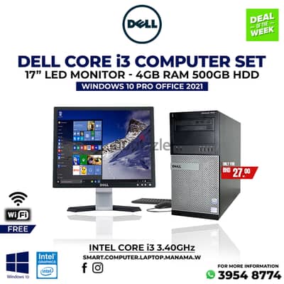 Dell Core i3 Computer Set 3.40Ghz 17" HD Monitor 4GB RAM 500GB HDD