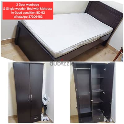 Single wooden bed & 2 Door wardrobe & other items for sale