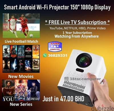 New Android Wi-Fi Projector With TV Subscription Live, Movies, Series