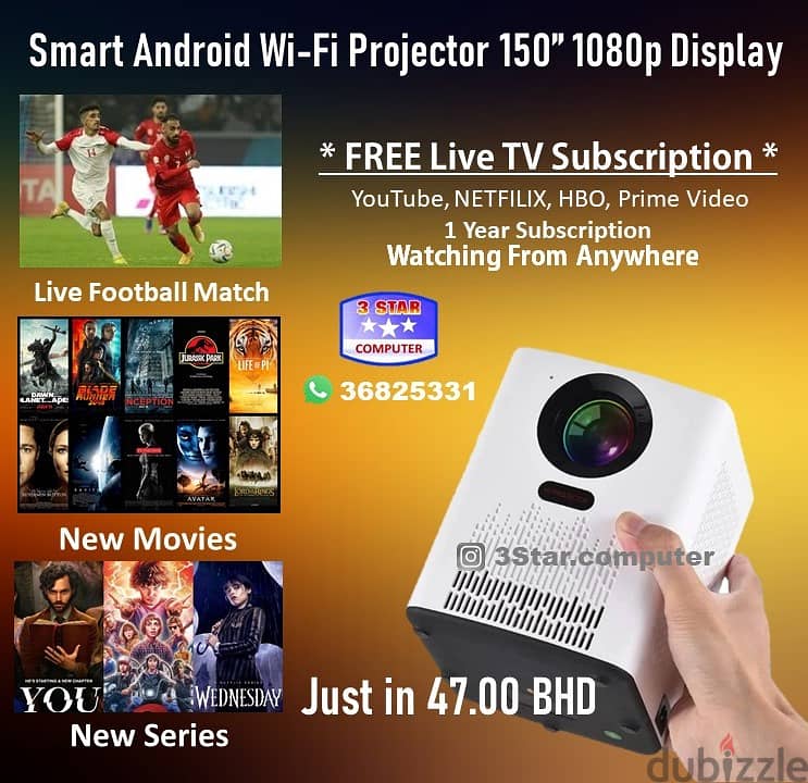 New Android Wi-Fi Projector With TV Subscription Live, Movies, Series 0