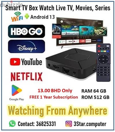 TV Box 64GB RAM 512GB ROM 1 Year Subscription Live TV, Movies, Series