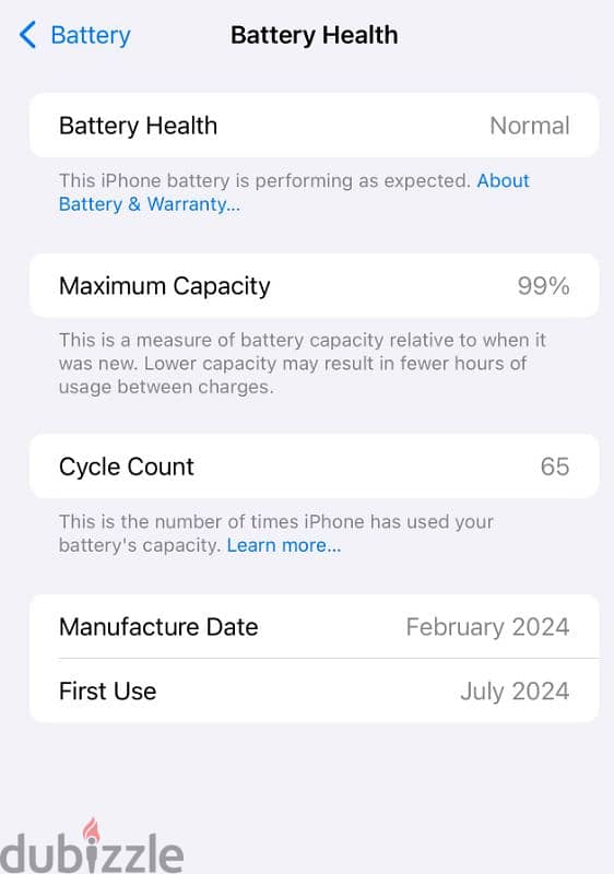 I phone 15 pro max 99% Battery, 256Gb,charge time 65 times only 3