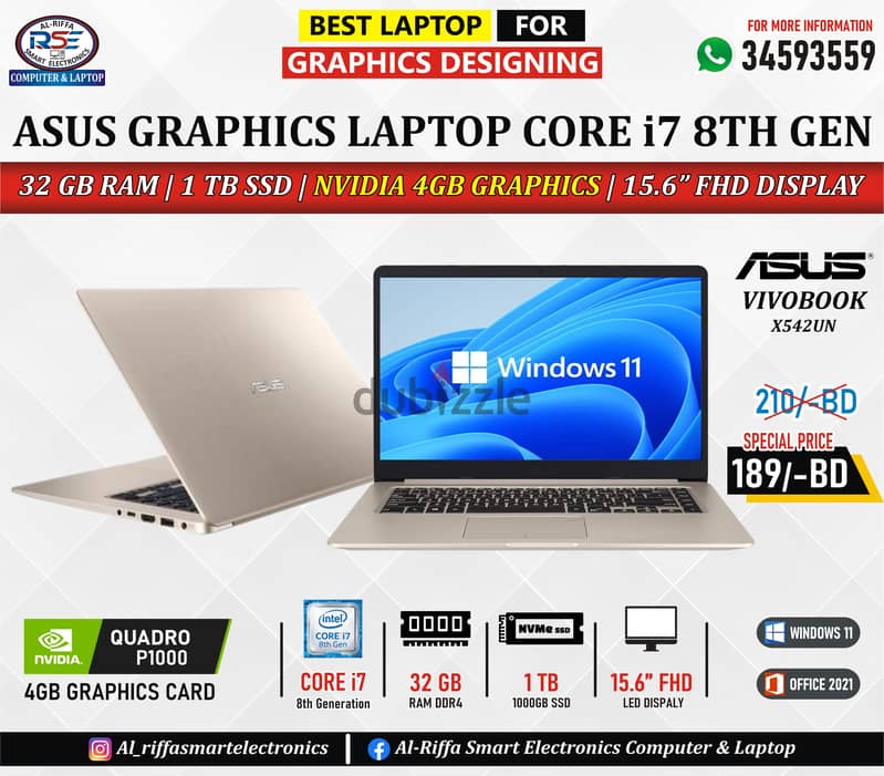 ASUS Graphics Core i7 Laptop 15.6" NVidia 4GB Graphic 32GB RAM+1TB SSD 1