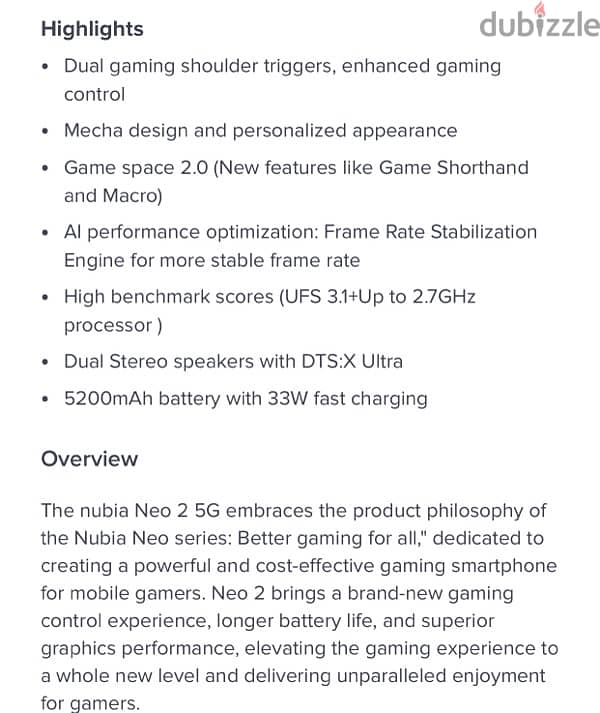 Gaming mobile Nubia neo 2 5G sealed exchange possible 2