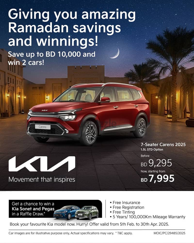 Win 2 cars and save up to BD 10,000!  Kia gives you more this Ramadan. 9