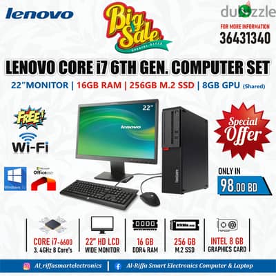 Offer LENOVO Core i7 6th Generation Computer 22" FHD Monitor 16GB RAM