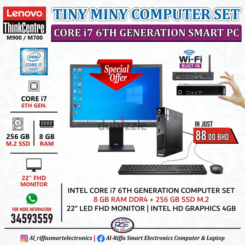 LENOVO Tiny Mini Core i7 6th Generation Computer Set 22" FHD Monitor 0