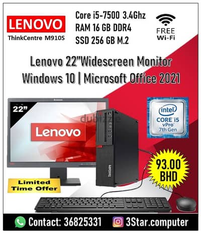 Lenovo Core i5 3.4Ghz 7th Gen Computer Set 22"Monitor RAM 16GB SSD M. 2