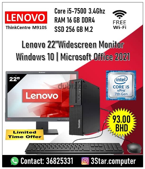 Lenovo Core i5 3.4Ghz 7th Gen Computer Set 22"Monitor RAM 16GB SSD M. 2 0