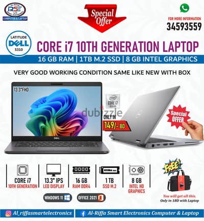 DELL 10th Generation Core i7 Laptop Same Like New 1TB M. 2 SSD 16GB RAM