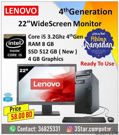 Lenovo Core i5 4th Gen Computer Set 22"Monitor RAM 8GB SSD 512GB New