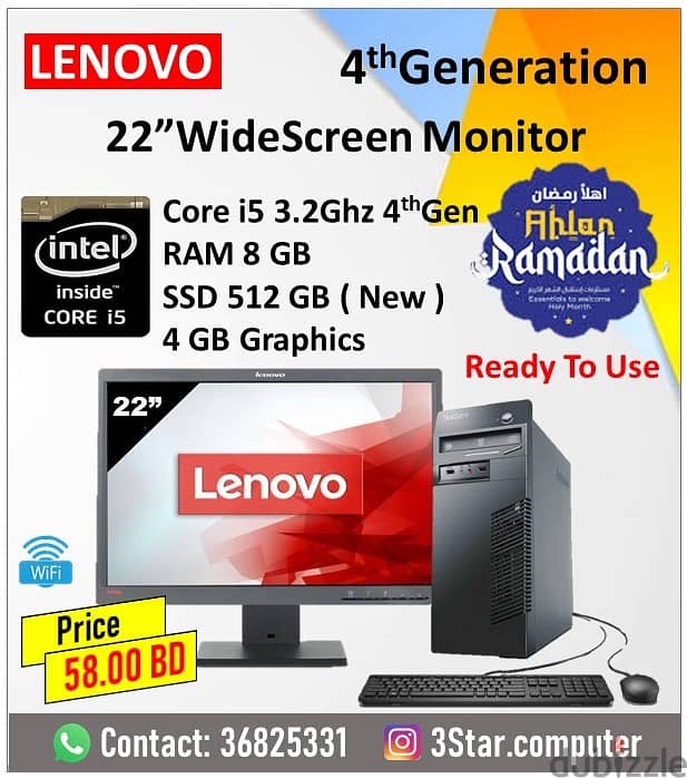 Lenovo Core i5 4th Gen Computer Set 22"Monitor RAM 8GB SSD 512GB New 0