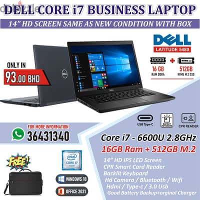 DELL Core i7 Professional Laptop 14" HD Display 16GB RAM 512GB M. 2 SSD