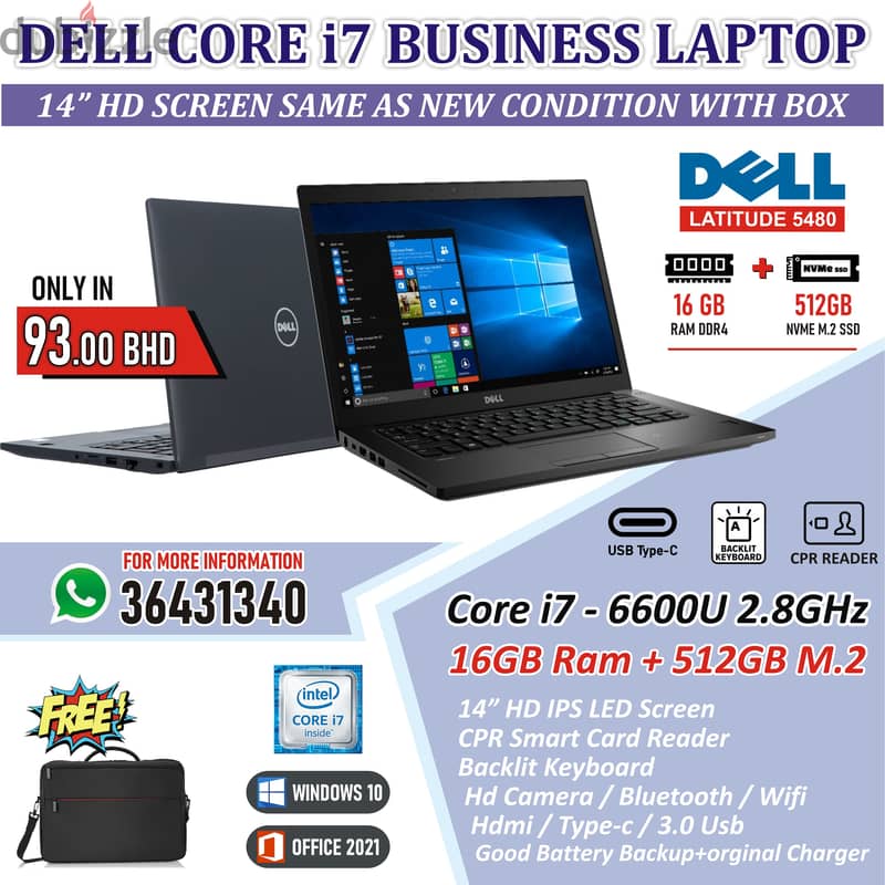 DELL Core i7 Professional Laptop 14" HD Display 16GB RAM 512GB M. 2 SSD 0