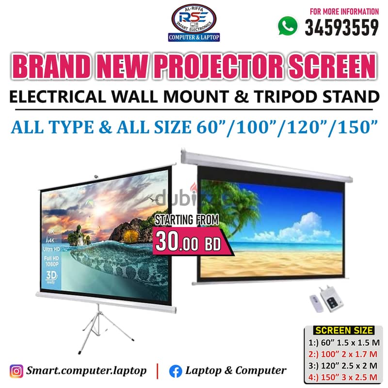 New Projector Screen All Size & All Type Tripod Stand & Wall Mounted 1