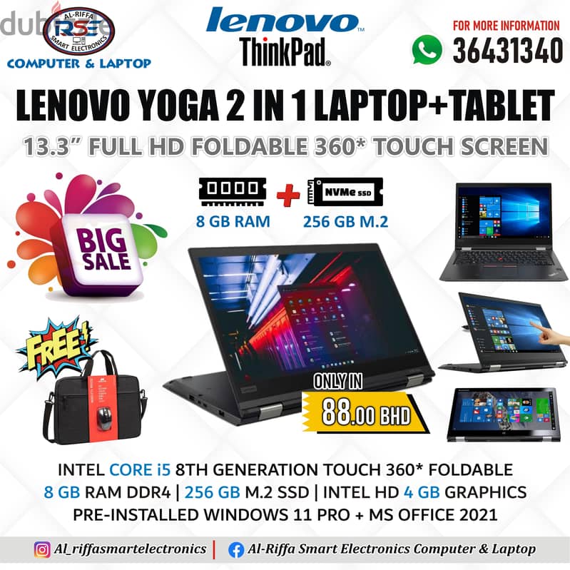 LENOVO 2 IN 1 Touch Laptop + Tablet Core i5 8th Gen. GB RAM 256GB M. 2 0