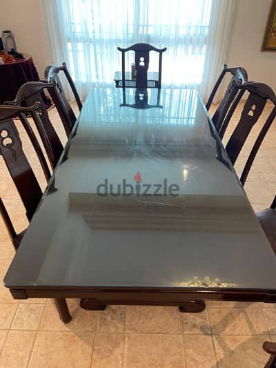 Wood Table with Glass and 8 Wood and Leather Chairs