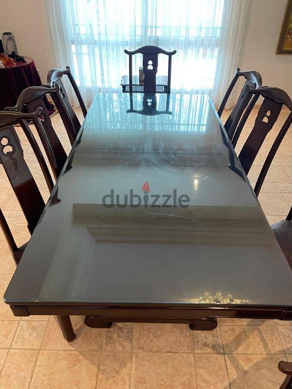 Wood Table with Glass and 8 Wood and Leather Chairs 0