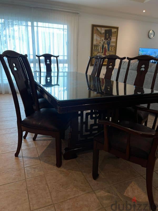 Wood Table with Glass and 8 Wood and Leather Chairs 1