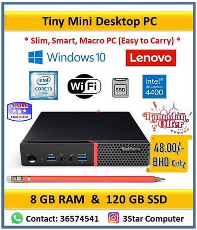 Lenovo Tiny Mini PC Core i3 6th Gen 8GB RAM 120GB SSD Slim, Smart, PC