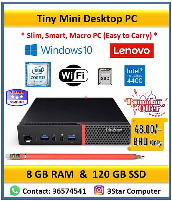 Lenovo Tiny Mini PC Core i3 6th Gen 8GB RAM 120GB SSD Slim, Smart, PC 0