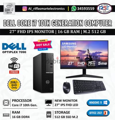 DELL Core i7 10th Generation Computer New 27" IPS LED Monitor 16GB RAM