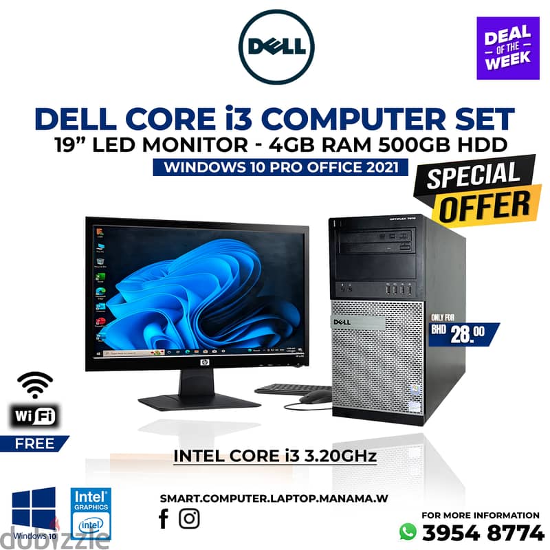 Dell Core i3 Computer Set 19" HD Monitor 4GB RAM 500GB HDD Good Work 0