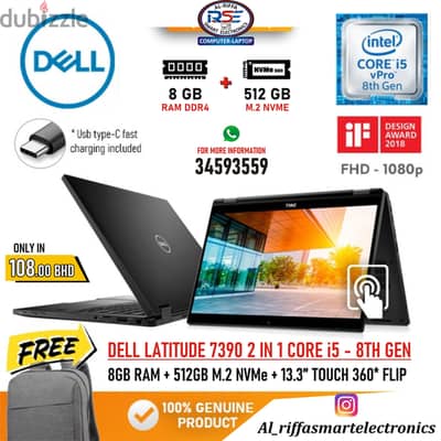 DELL Core i5 8th Gen 2 in 1 Touch Laptop+Tablet 512GB M. 2 SSD Like New