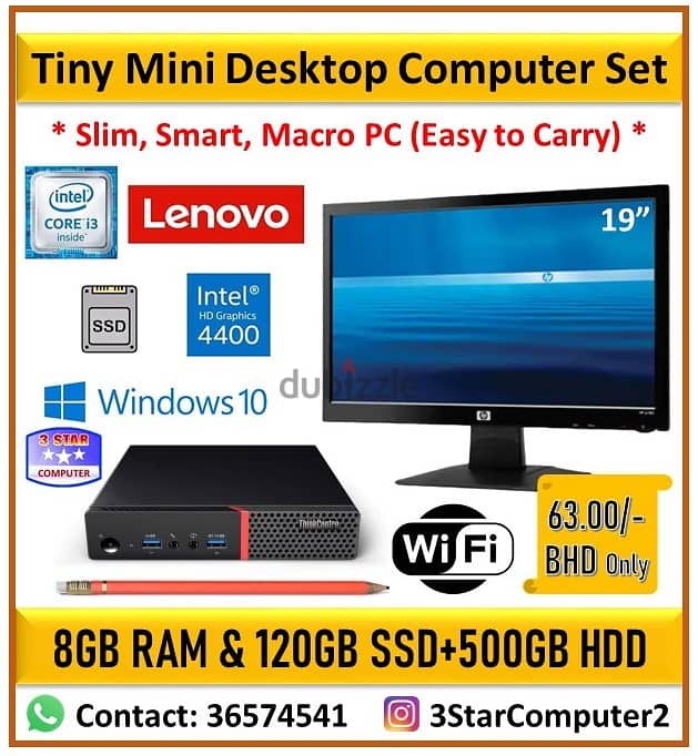 Lenovo Tiny Computer i3 6th Gen 19"Monitor 8GB RAM 120GB SSD+500GB HDD 0