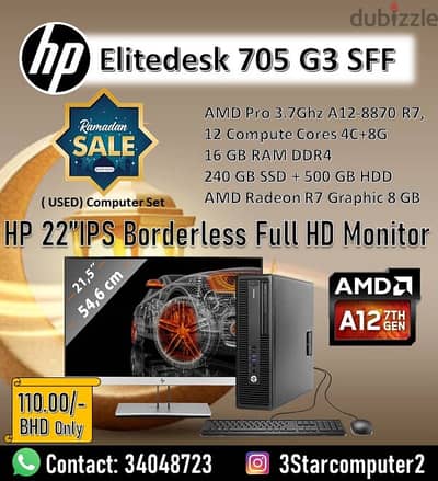 HP Computer AMD Pro 3.7Ghz Ryzan7 RAM 16GB 240GB SSD+500GB HDD 22"HDMI