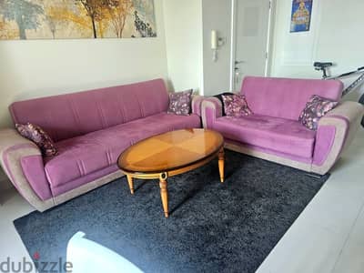 Danube sofa 3+2, crafted coffee table and ikea carpet