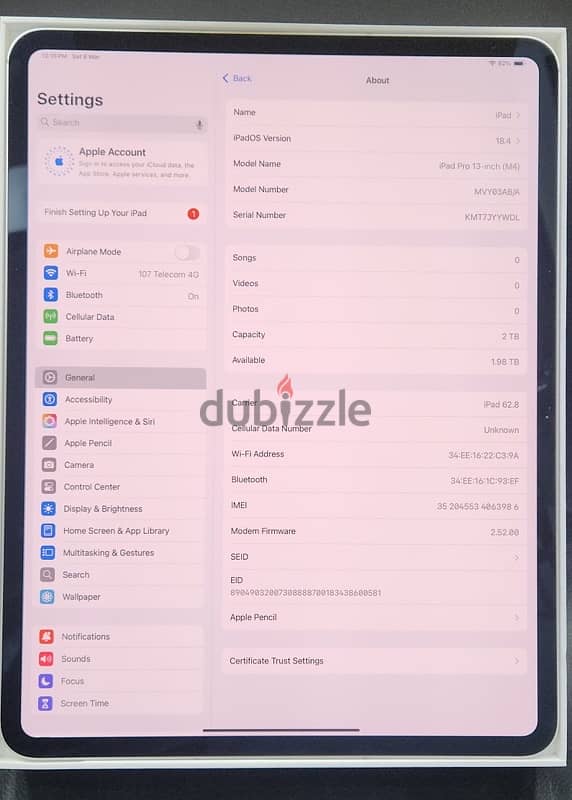 For sale :- iPad Pro 13 inch M4 chip 2 TB WiFi + cellular 1