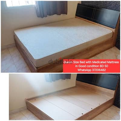 Queen size bed with mattress and other items for sale