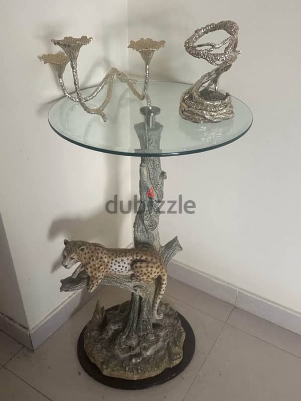 Glass table with jaguar stand scupture 1