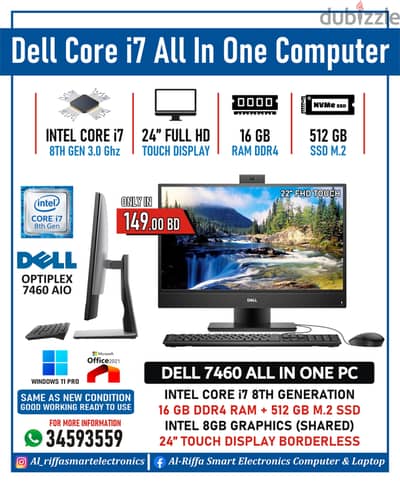 DELL i7 8th Gen All In One PC 24" Borderless Screen 16GB RAM 512GB SSD