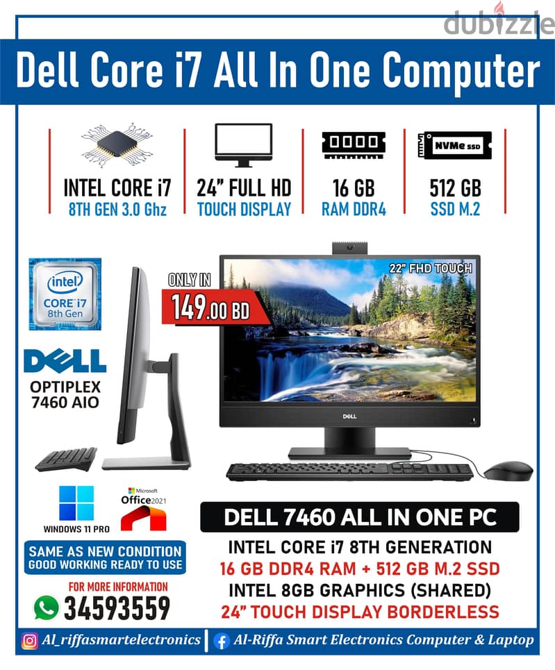 DELL i7 8th Gen All In One PC 24" Borderless Screen 16GB RAM 512GB SSD 0