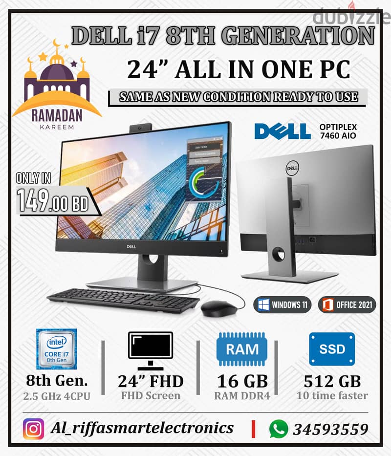 DELL i7 8th Gen All In One PC 24" Borderless Screen 16GB RAM 512GB SSD 1