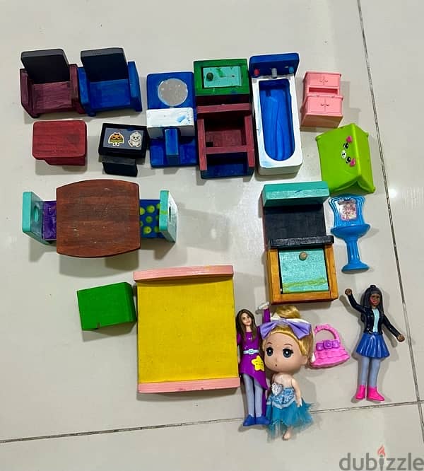 Wooden Doll House with wooden furniture and some plastic toys for free 3