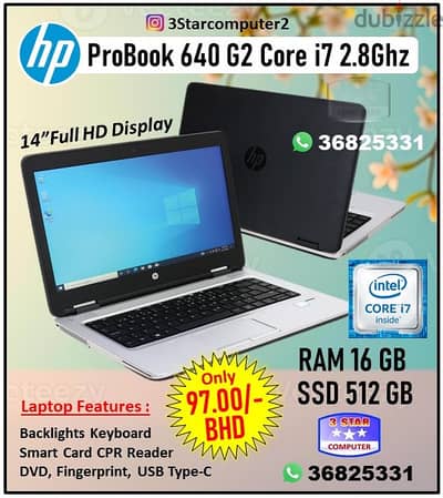 HP Core i7 2.8Ghz 16GB RAM 512GB SSD 6th Gen Laptop 14"Full HD Display