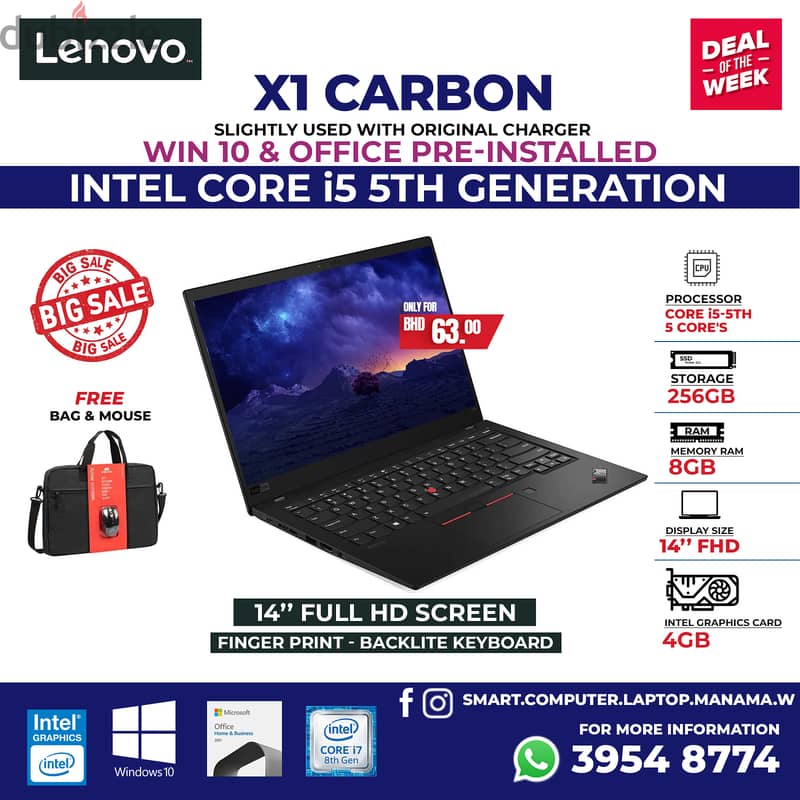 LENOVO Core i5 5th Generation X1 Carbon Laptop 8GB Ram 256GB SSD M. 2 - 0